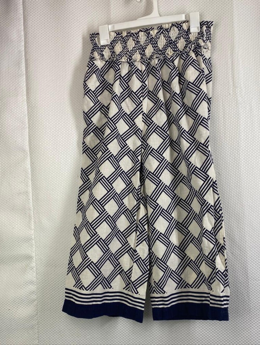 Deja Bleu Blue White Geometric Wide Leg Pants Smocked Elastic Waist Size M Boho